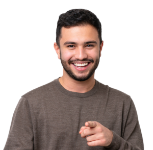 Smiling man with short dark hair and beard in a brown sweater points forward against a black background, conveying a cheerful and engaging tone.