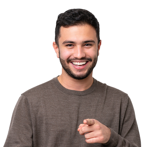 Smiling man with short dark hair and beard in a brown sweater points forward against a black background, conveying a cheerful and engaging tone.