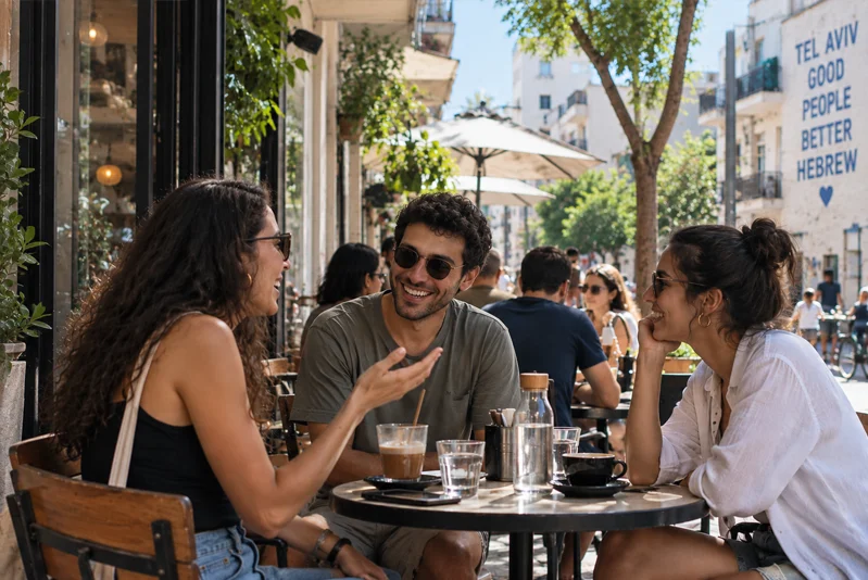 Α lively Tel Aviv cafe scene representing everyday spoken Hebrew