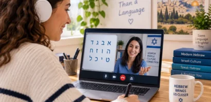 A learner at a laptop in a live online Hebrew class, smiling, Hebrew letters on screen